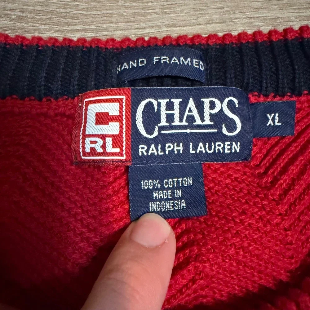 Chaps Ralph Lauren Mens XL Red Herringbone Cotton Crewneck Sweater Vintage 90s
